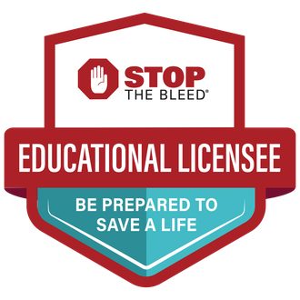 Rundes Emblem mit der Aufschrift "Stop the Bleed Ambassador - Learn to Save a Life".
