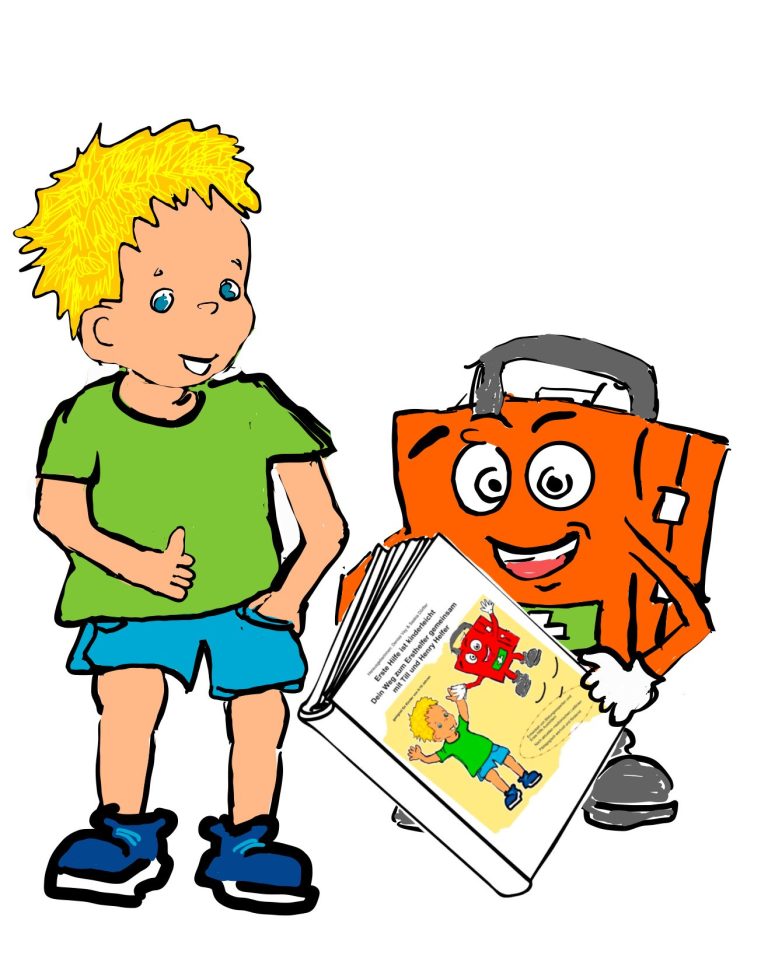 Ein Junge mit blonden Haaren zeigt Daumen hoch neben einem fröhlichen, orangefarbenen Erste Hilfe Koffer.