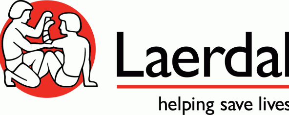 Logo von Laerdal mit zwei stilisierten Figuren und dem Slogan „helping save lives“.