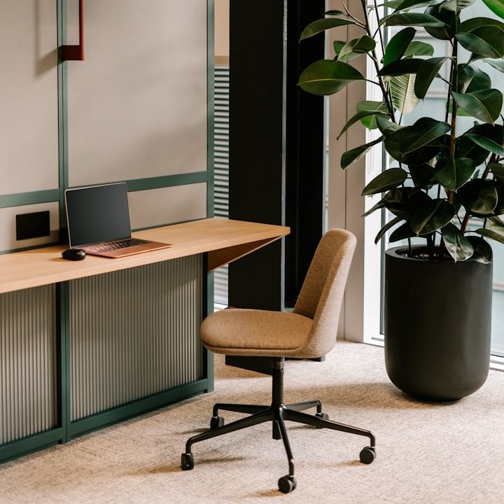 Arbeitsplatzoptimierung durch BGM Moderner Arbeitsplatz mit Schreibtisch, Stuhl und großen Pflanzen im Topf.