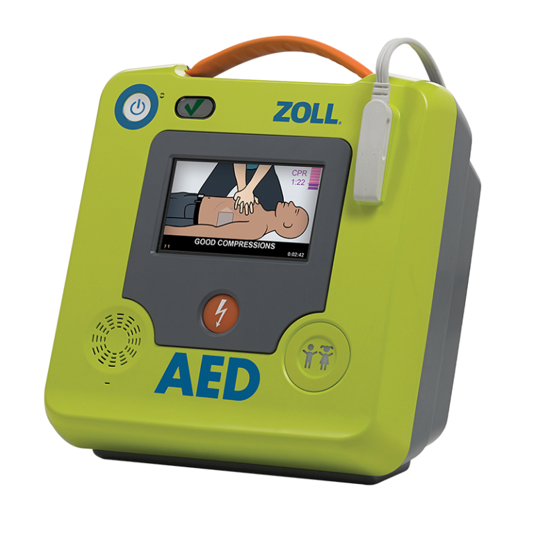 Defibrillator mit Bildschirm und Anweisung zur Herzmassage für Notfälle.